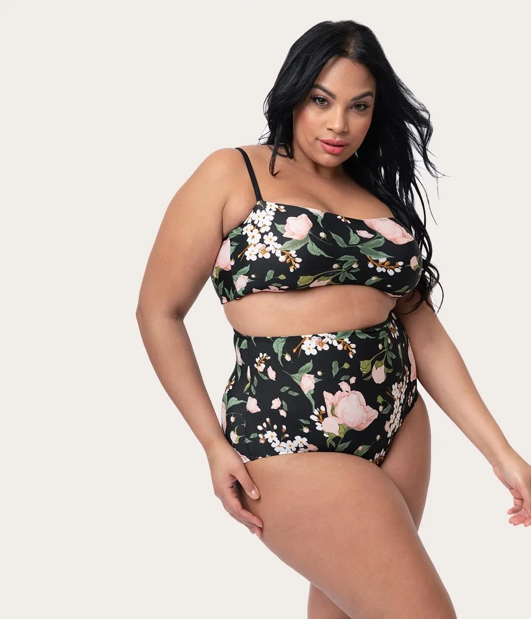 Esther Williams Vintage Style Black & Pink Blossom Floral High Waist Swim Bottom