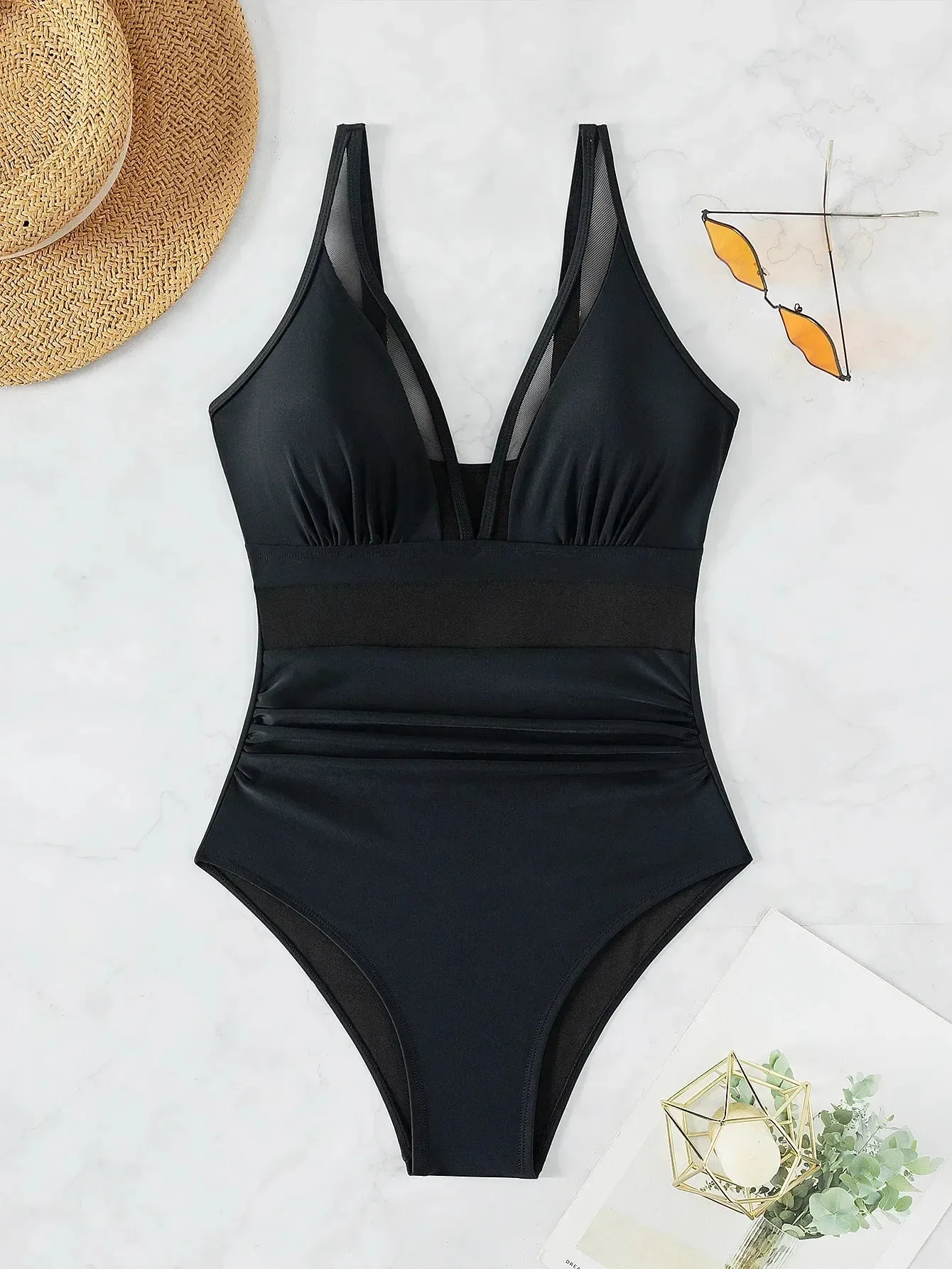 Exotic allure Women's Mesh Accent Animal Print One-Piece Plunge Swimsuit