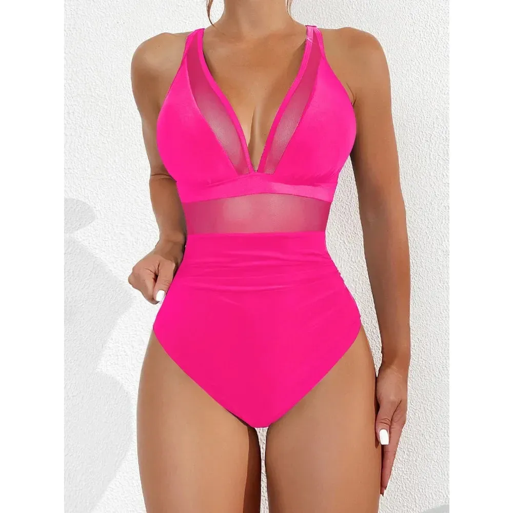 Exotic allure Women's Mesh Accent Animal Print One-Piece Plunge Swimsuit