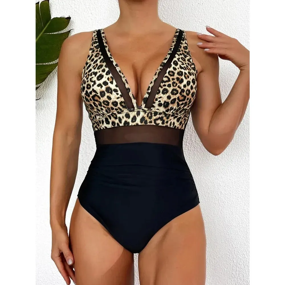 Exotic allure Women's Mesh Accent Animal Print One-Piece Plunge Swimsuit