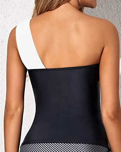Eye-Catching One Shoulder Swim Top Asymmetric Cut Swim Tops-White