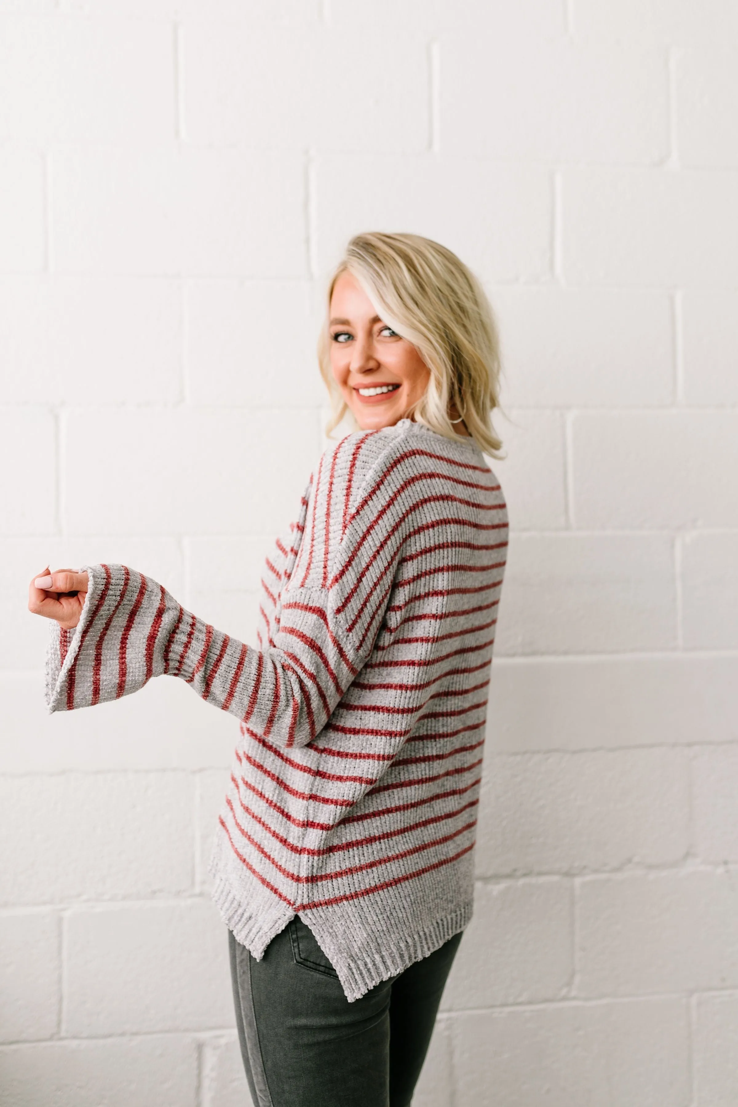 Faded Not Forgotten Striped Sweater In Silver - ALL SALES FINAL