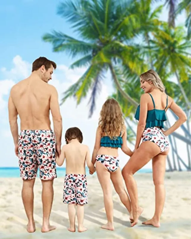 Family Matching Ruffle High Waisted Bottom Tankini Set Swimsuits