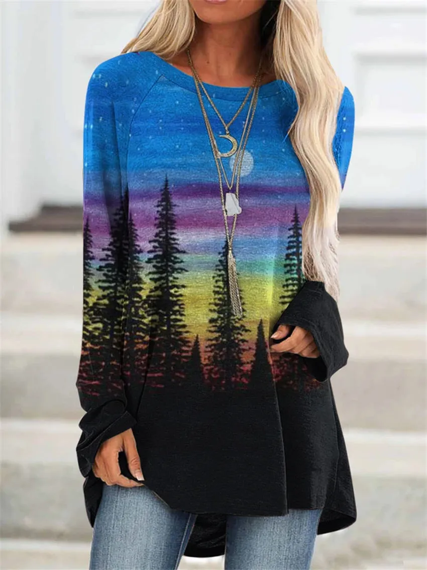 Fashion casual landscape print long sleeve top