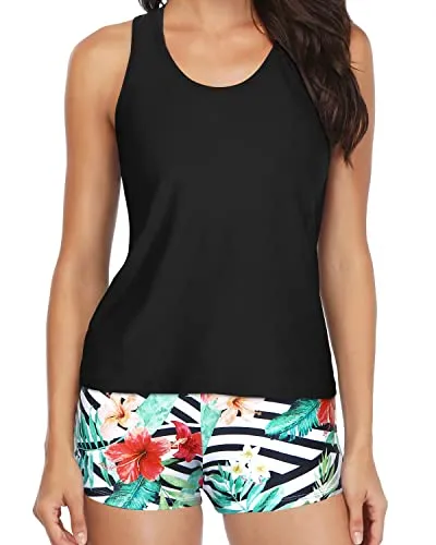 Fashionable 3 Piece Tankini Shorts For Teen Girls-Black Floral