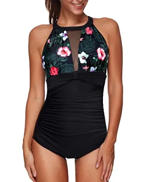 Fashionable Mesh Plunge One Piece Swimwear For Women-Black Floral