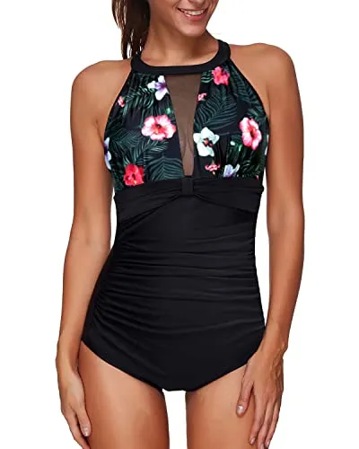 Fashionable Mesh Plunge One Piece Swimwear For Women-Black Floral