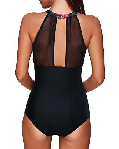 Fashionable Mesh Plunge One Piece Swimwear For Women-Black Floral
