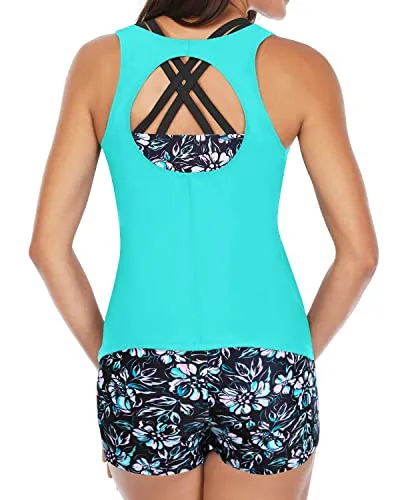 Fashionable Tankini Set Boy Shorts For Women-Blue Flower On Black