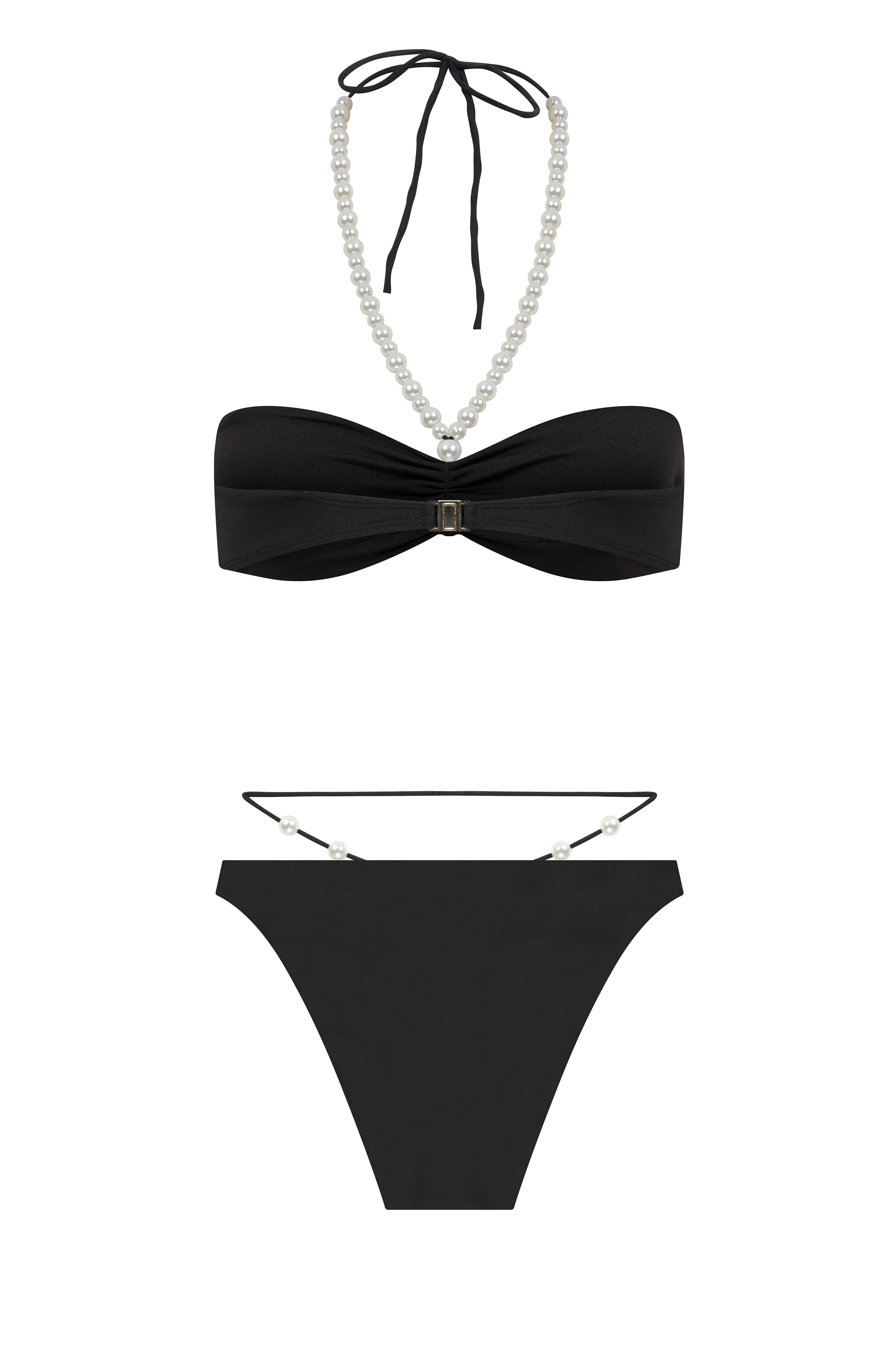 FAUX-PEARL EMBELLISHED RIBBED HALTERNECK BIKINI