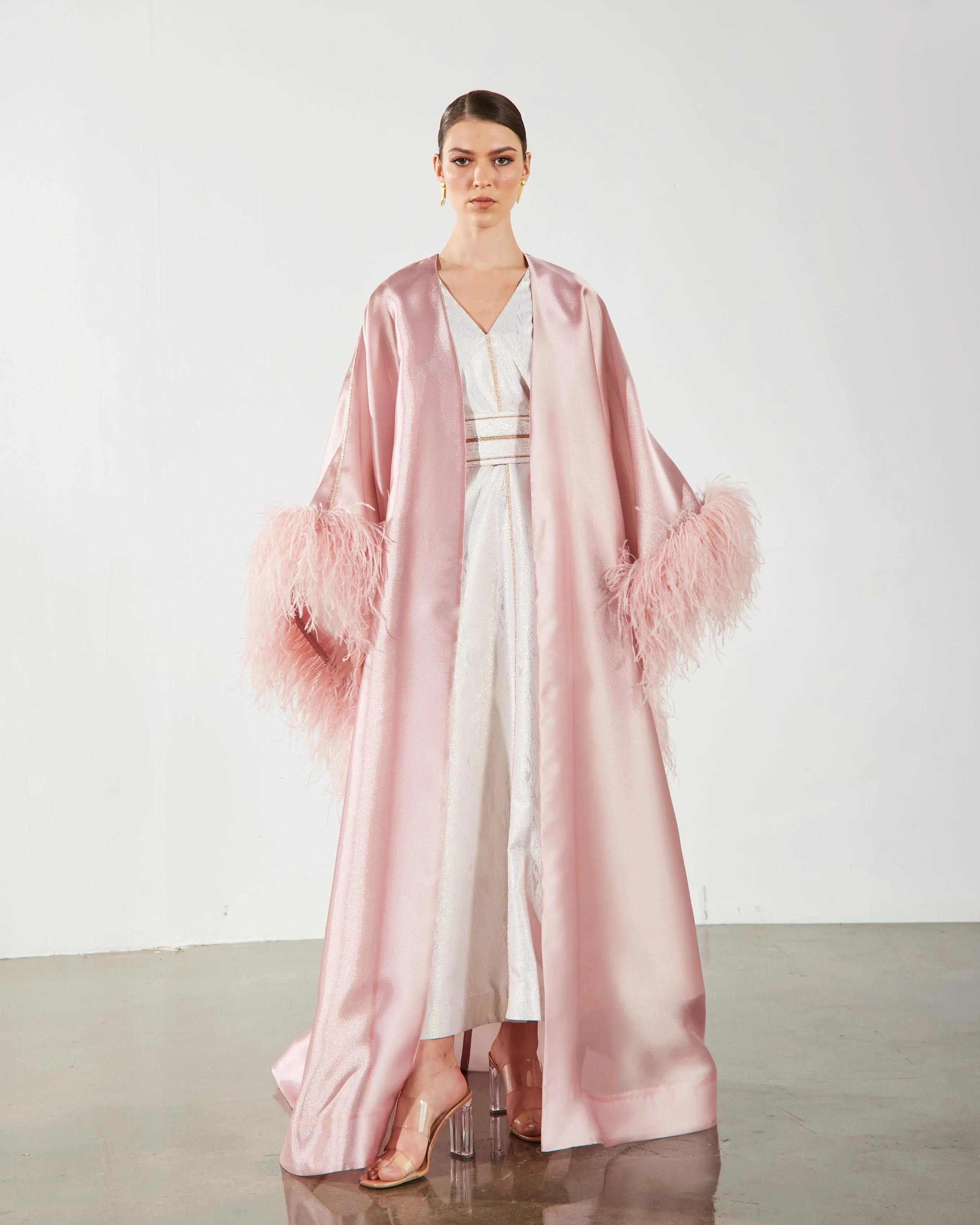 Feather Trimmed Embellished Kaftan-Abaya - Pink