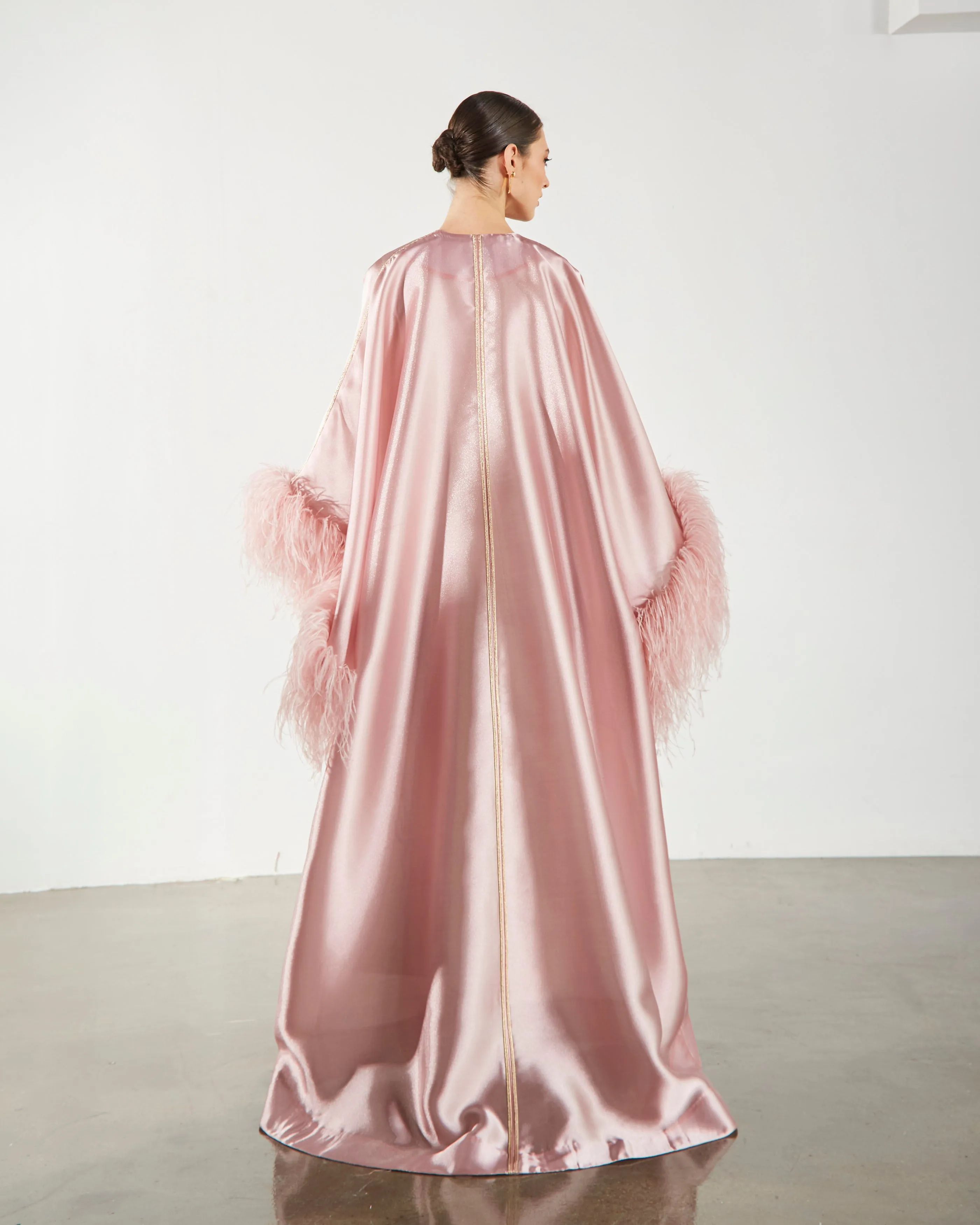 Feather Trimmed Embellished Kaftan-Abaya - Pink