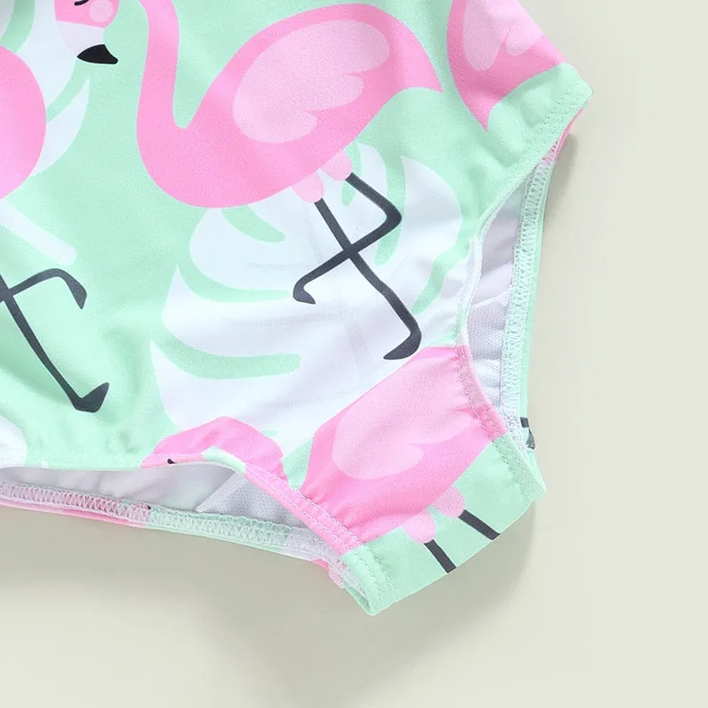 Flamingo Print Backless Kid Girl Beachwear Jumpsuit