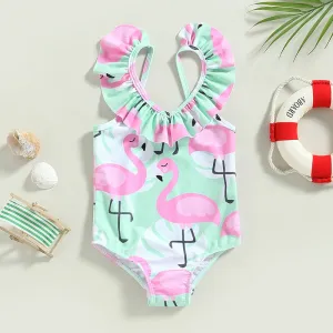Flamingo Print Backless Kid Girl Beachwear Jumpsuit
