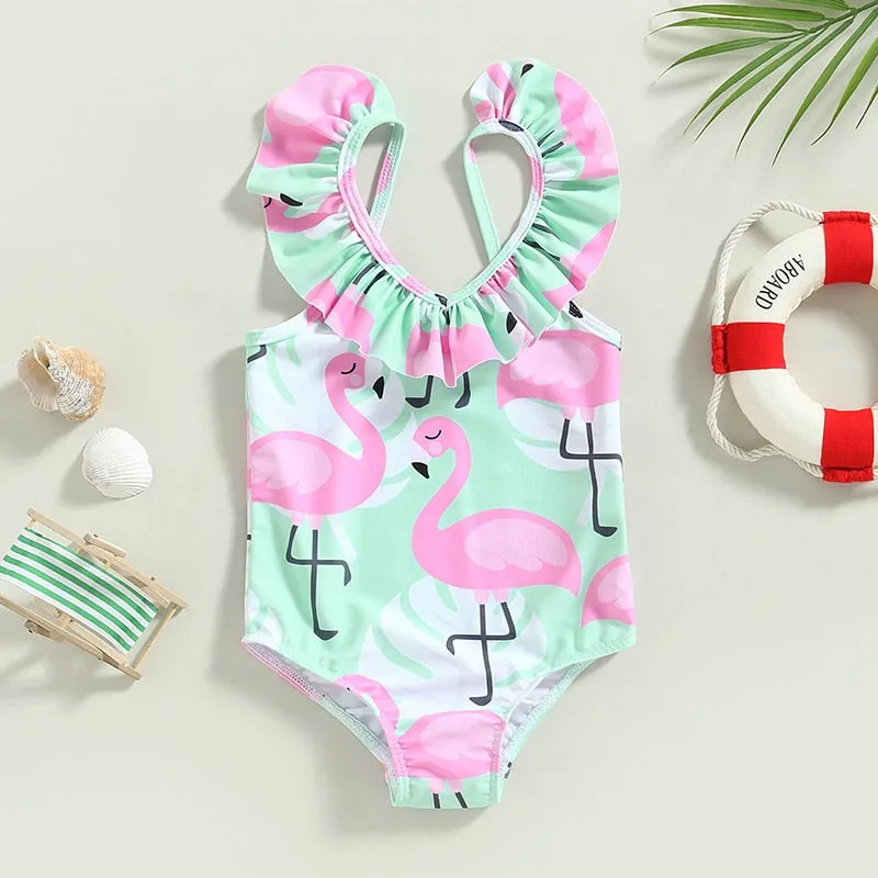 Flamingo Print Backless Kid Girl Beachwear Jumpsuit