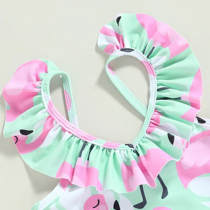 Flamingo Print Backless Kid Girl Beachwear Jumpsuit