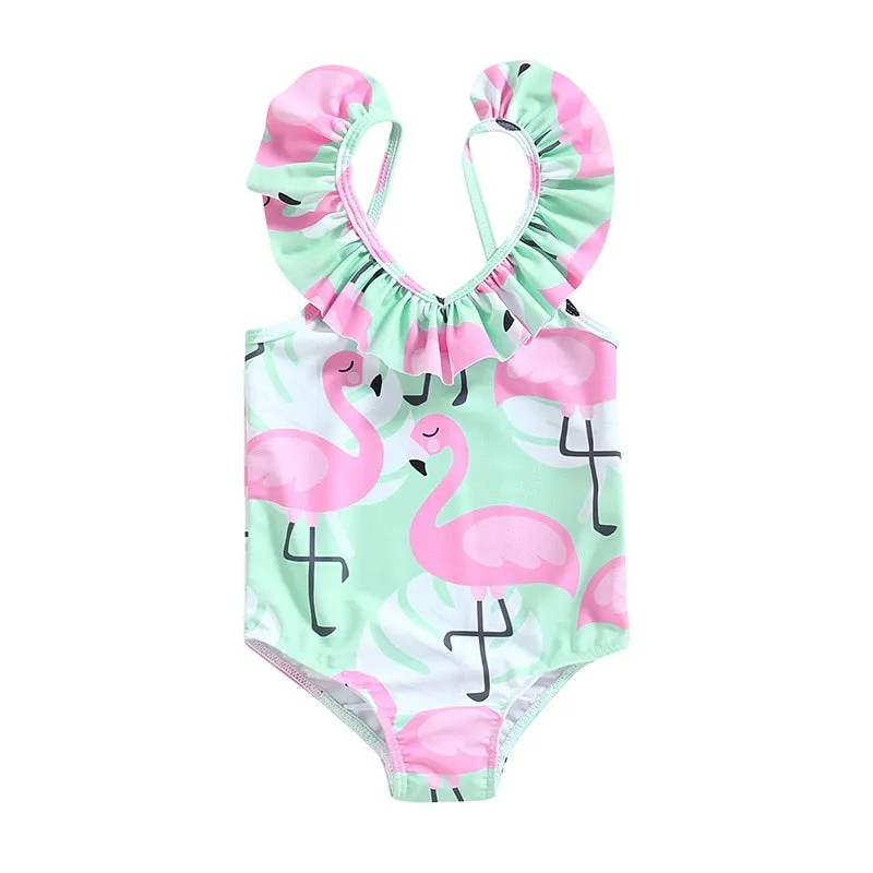 Flamingo Print Backless Kid Girl Beachwear Jumpsuit