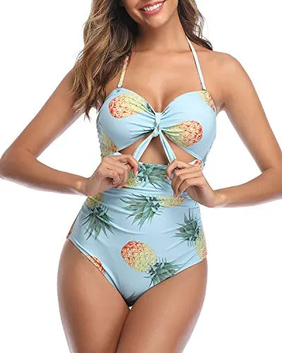 Flattering Look & Tummy Control Sexy Cutout One Piece Swimsuits-Light Blue Pineapple