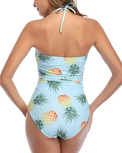 Flattering Look & Tummy Control Sexy Cutout One Piece Swimsuits-Light Blue Pineapple