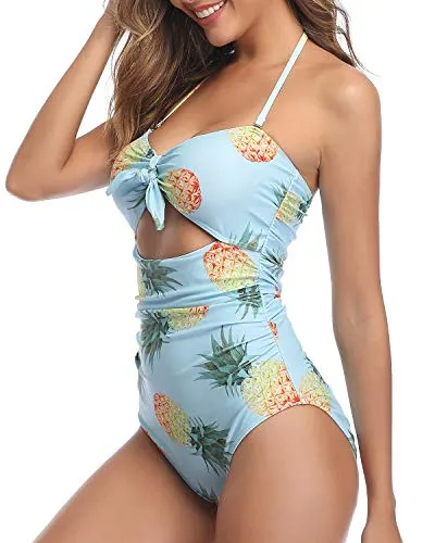 Flattering Look & Tummy Control Sexy Cutout One Piece Swimsuits-Light Blue Pineapple