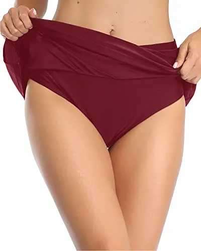 Flattering Mid Waist Swim Skirt Built-In Brief For Women-Maroon