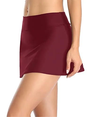 Flattering Mid Waist Swim Skirt Built-In Brief For Women-Maroon