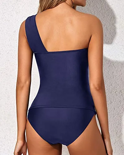 Flattering Two Piece One Shoulder Swim Top Shorts-Navy Blue