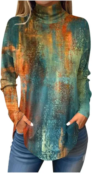 FlekmanArt Costumes for Women High Neck Long Sleeve Sweatshirts Printing Trendy Cute T Shirt Winter Casual Loose Outfits
