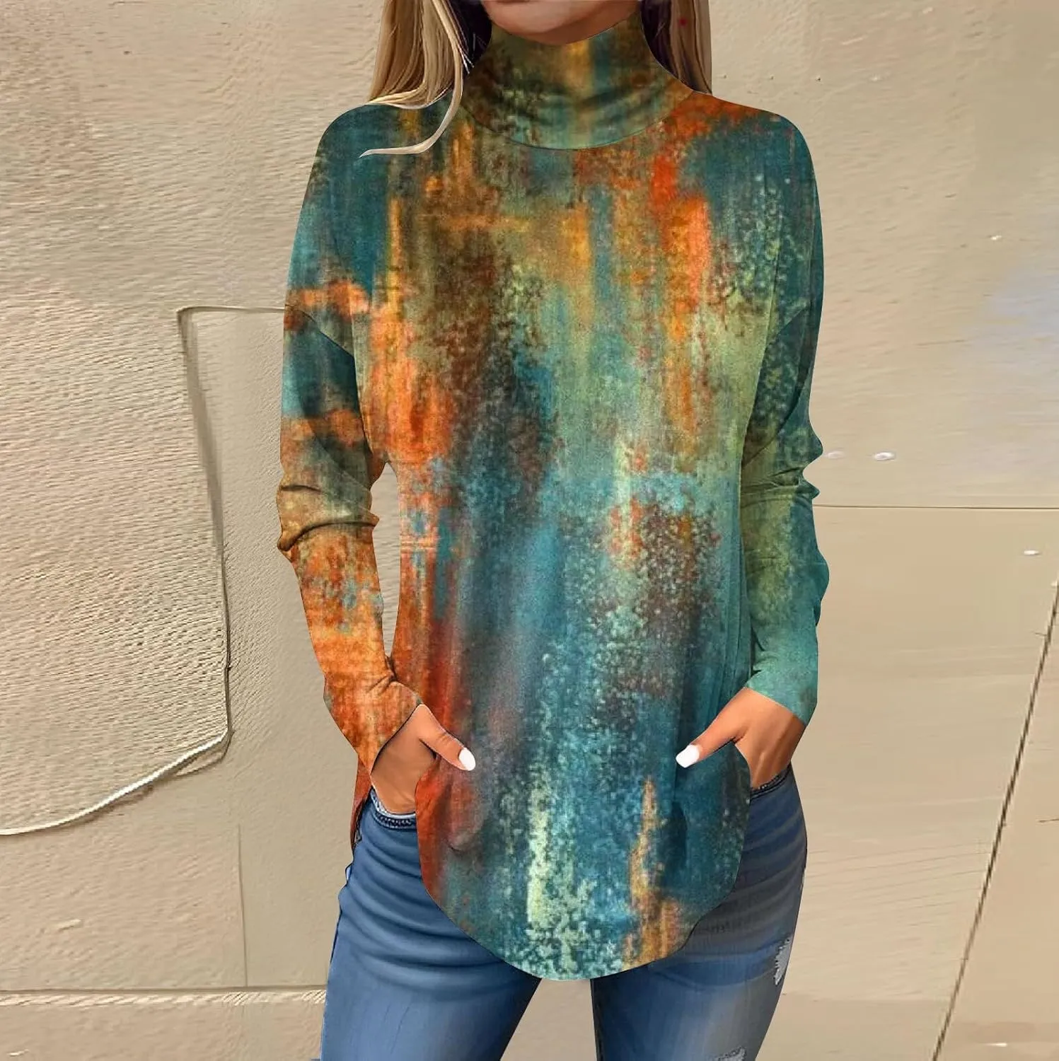 FlekmanArt Costumes for Women High Neck Long Sleeve Sweatshirts Printing Trendy Cute T Shirt Winter Casual Loose Outfits