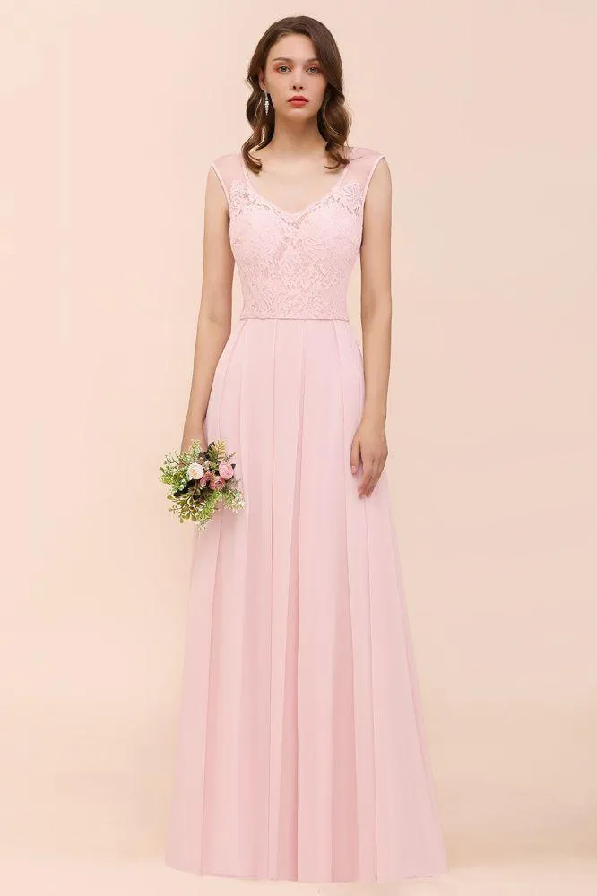 Floral Lace Bridesmaid Dress Pink A-line Wedding Party Dress