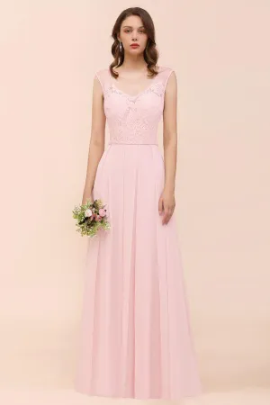 Floral Lace Bridesmaid Dress Pink A-line Wedding Party Dress