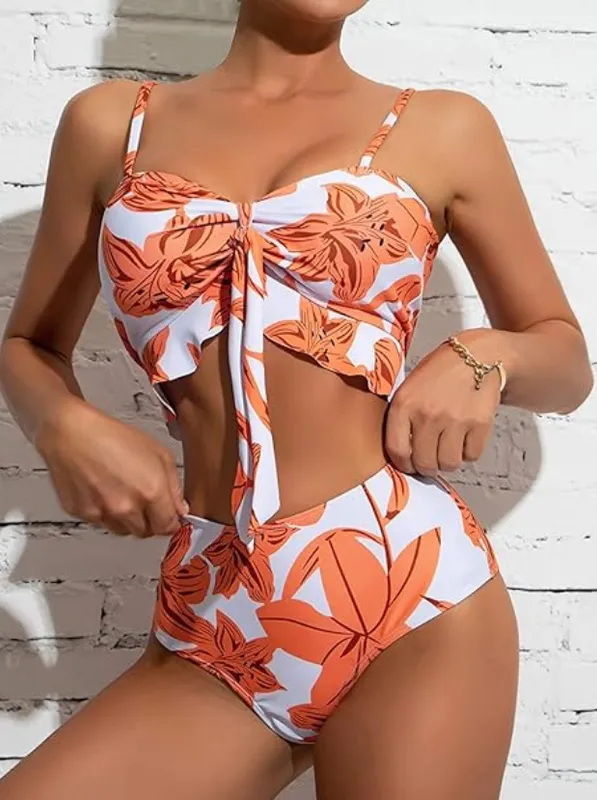 Floral Print 3pack Ruffle Hem Bikini Swimsuit Orange