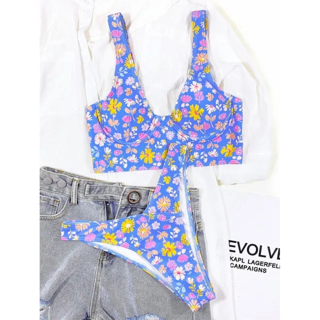 Floral Print Bikini Underwire Push Up Swimwear Swimsuit Two Piece Bikini Set High Cut Bathing Suit