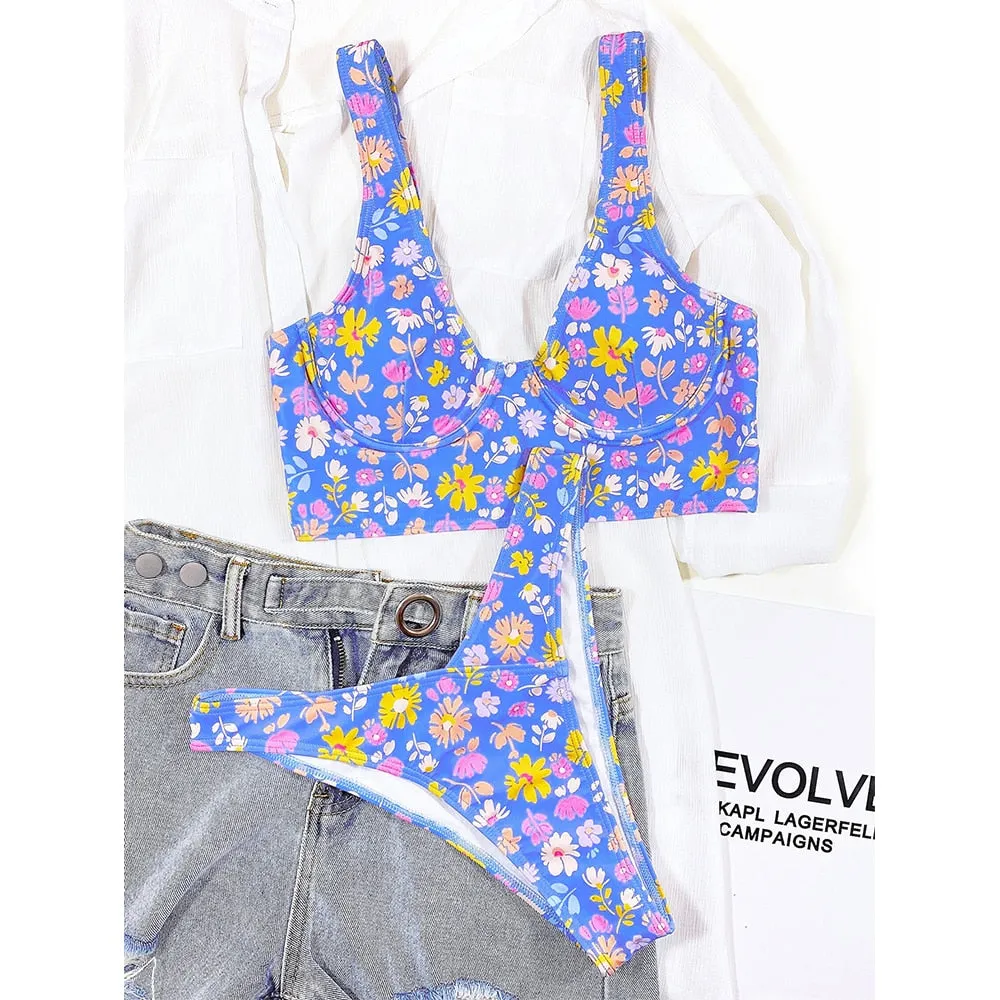 Floral Print Bikini Underwire Push Up Swimwear Swimsuit Two Piece Bikini Set High Cut Bathing Suit