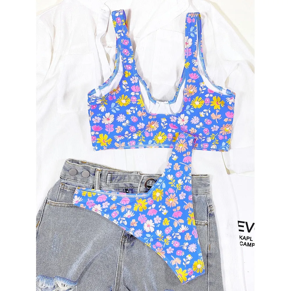 Floral Print Bikini Underwire Push Up Swimwear Swimsuit Two Piece Bikini Set High Cut Bathing Suit