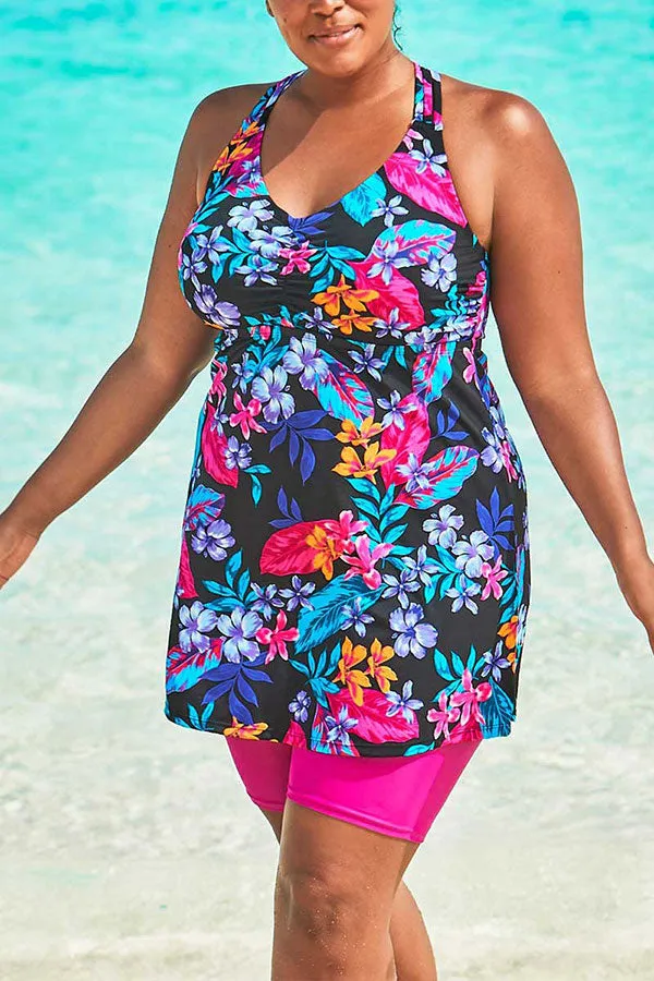 Floral Print Feminine Racerback Tankini Swimdress