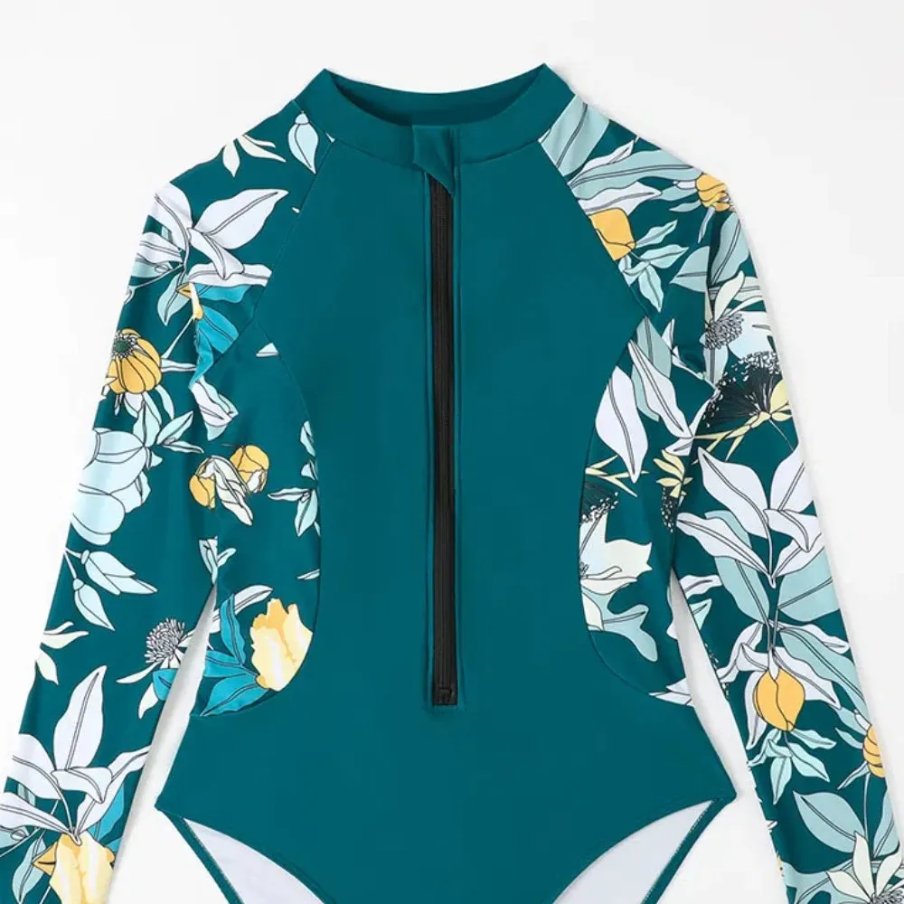 Floral Print Long Sleeve Surfing Swimsuit