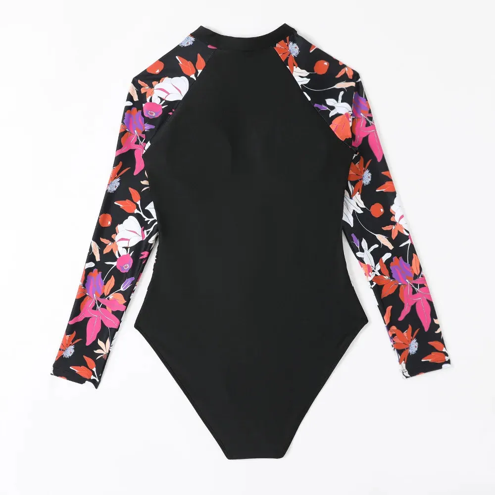 Floral Print Long Sleeve Surfing Swimsuit