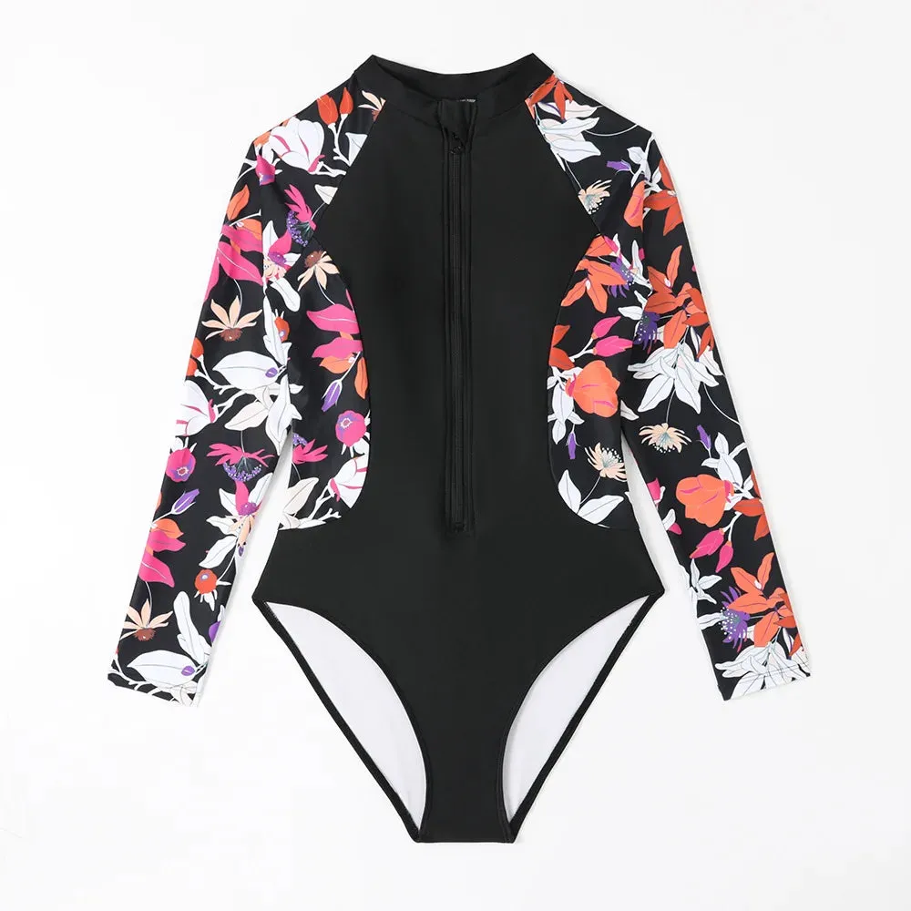 Floral Print Long Sleeve Surfing Swimsuit