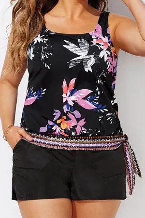 Floral Print U Collar Smart Tie Side Tankini & Shorts