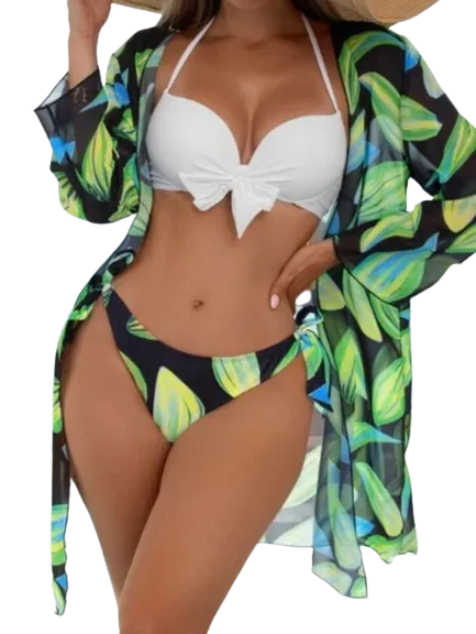 Floral Printed  3-Piece Swimsuit Green