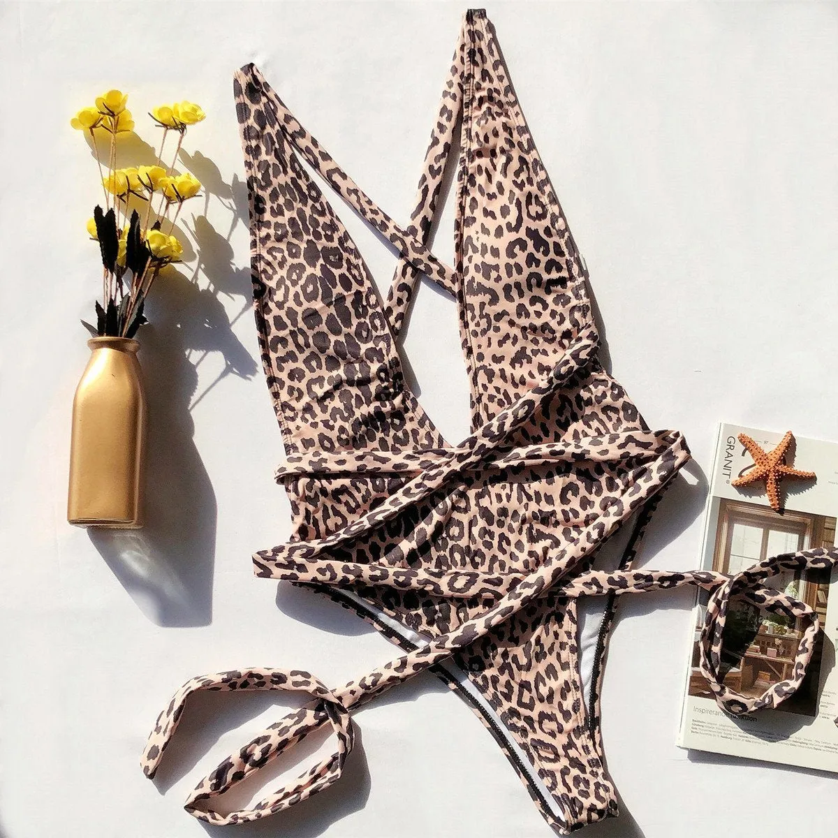 Florcoo One Piece Leopard Print Hollow Strap Swimsuit