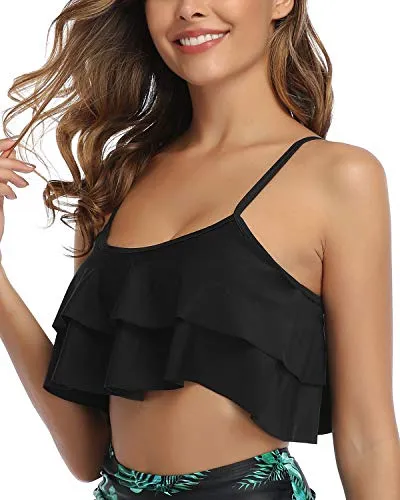 Flounce Swim Top Falbala Swimsuit Tank Top Ruffled Bikini Top-Black