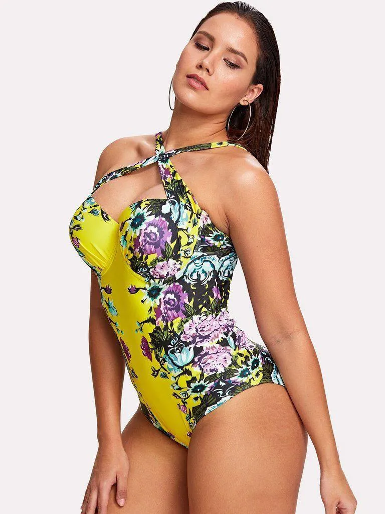 Flower Print Criss Cross Swimsuit