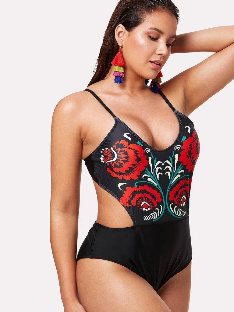Flower Print Cutout Swimsuit