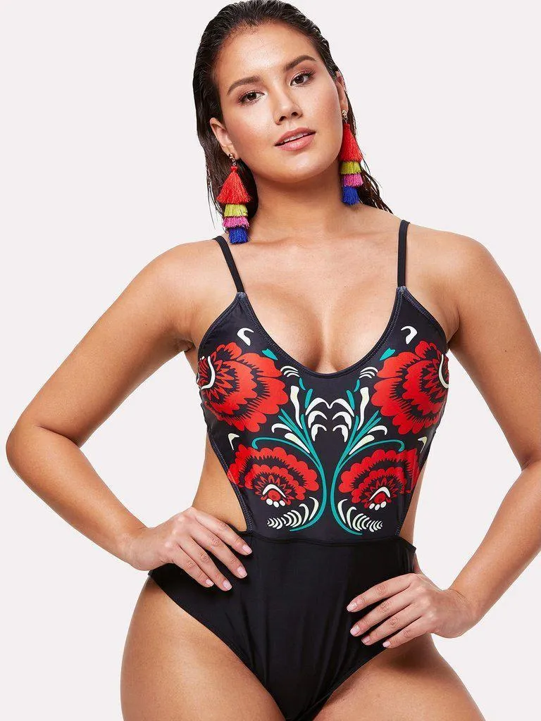 Flower Print Cutout Swimsuit