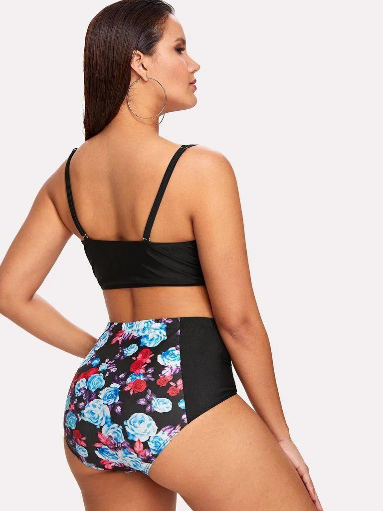 Flower Print High Waist Bikini Set
