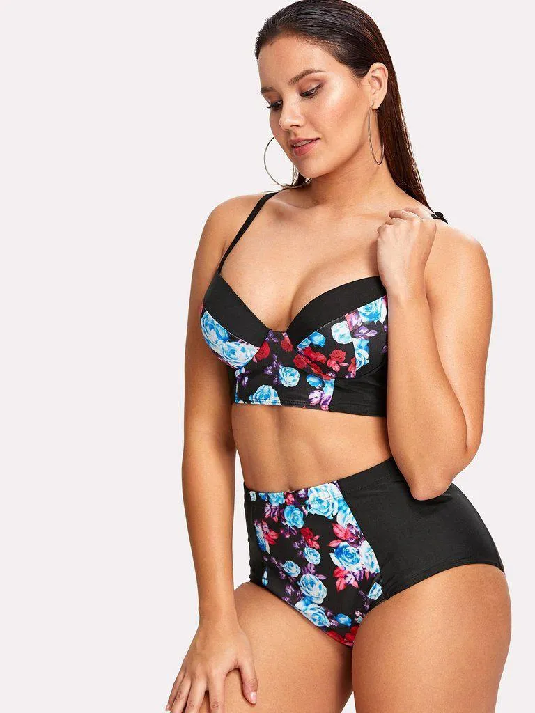 Flower Print High Waist Bikini Set