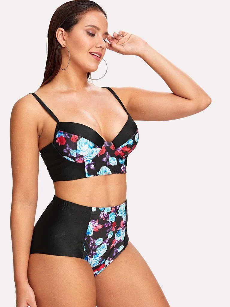 Flower Print High Waist Bikini Set