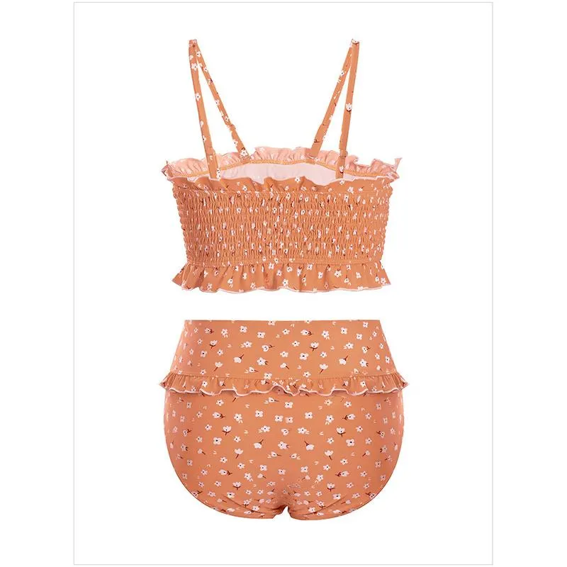 Flowers Printed High Waisted Triangle Two Piece Swimsuits